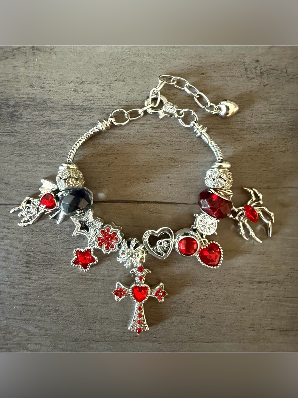 Stainless steel silver-tone Bracelet with Red and Black Crystal Charms